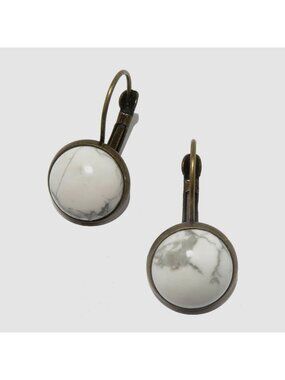 Howlite Earrings Inner Peace Gems Bronze Leverback White Stone Dangle Drop Gift